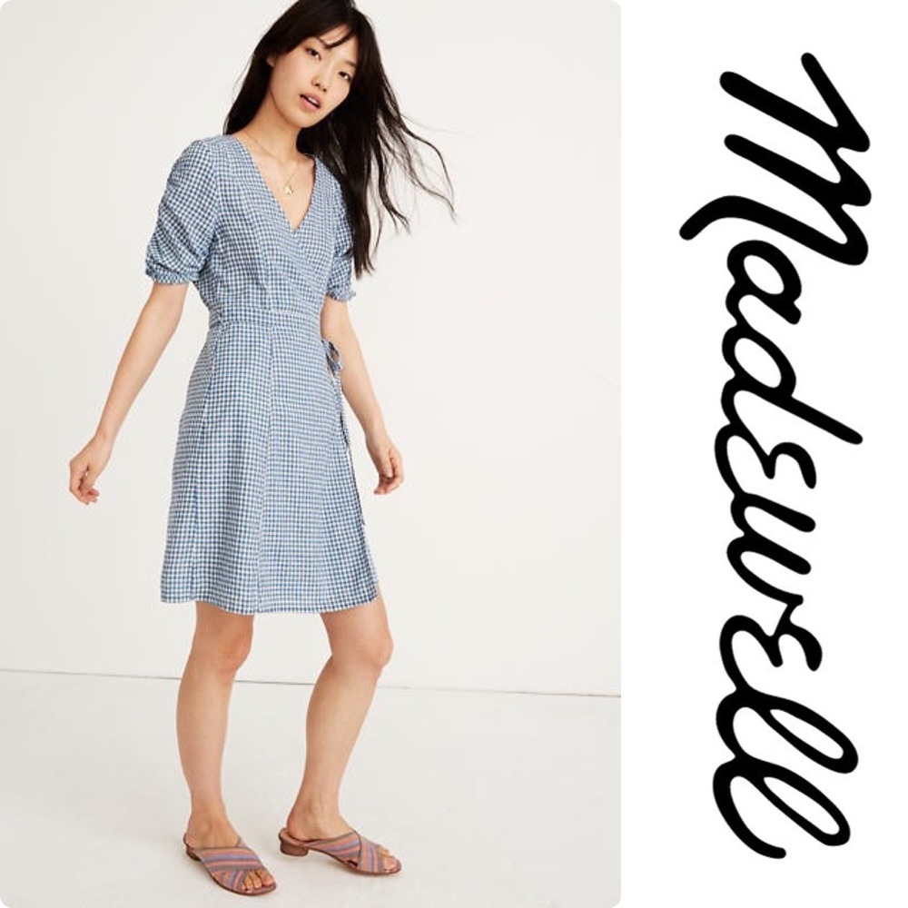 Madewell Gingham Shirred-Sleeve Wrap Dress